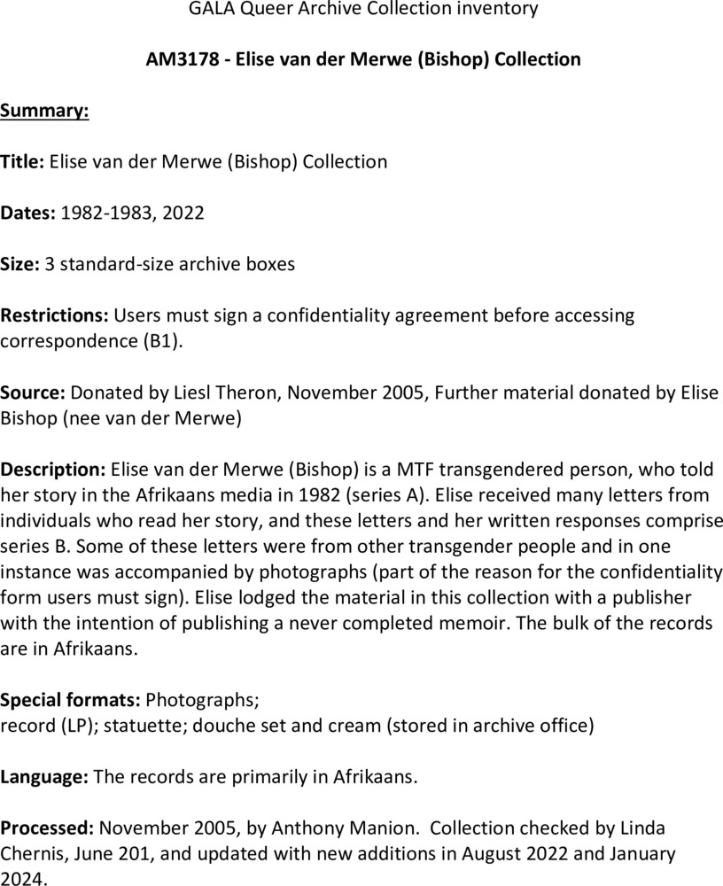 Download the full-sized PDF of Elise van der Merwe Bishop Collection