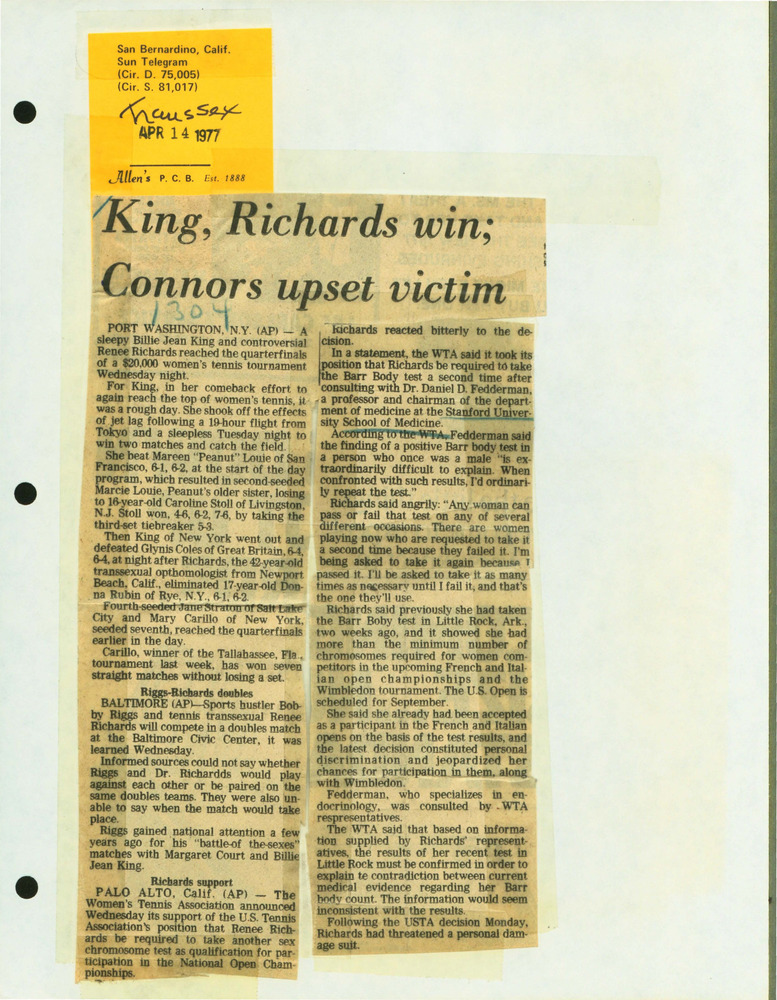 Download the full-sized PDF of King, Richards Win; Connors Upset Victim