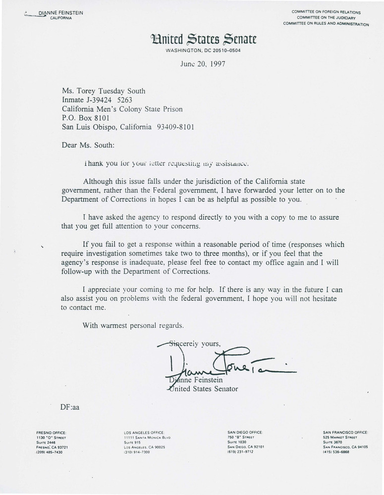 Download the full-sized PDF of Letter from Dianne Feinstein to Torey Tuesday South