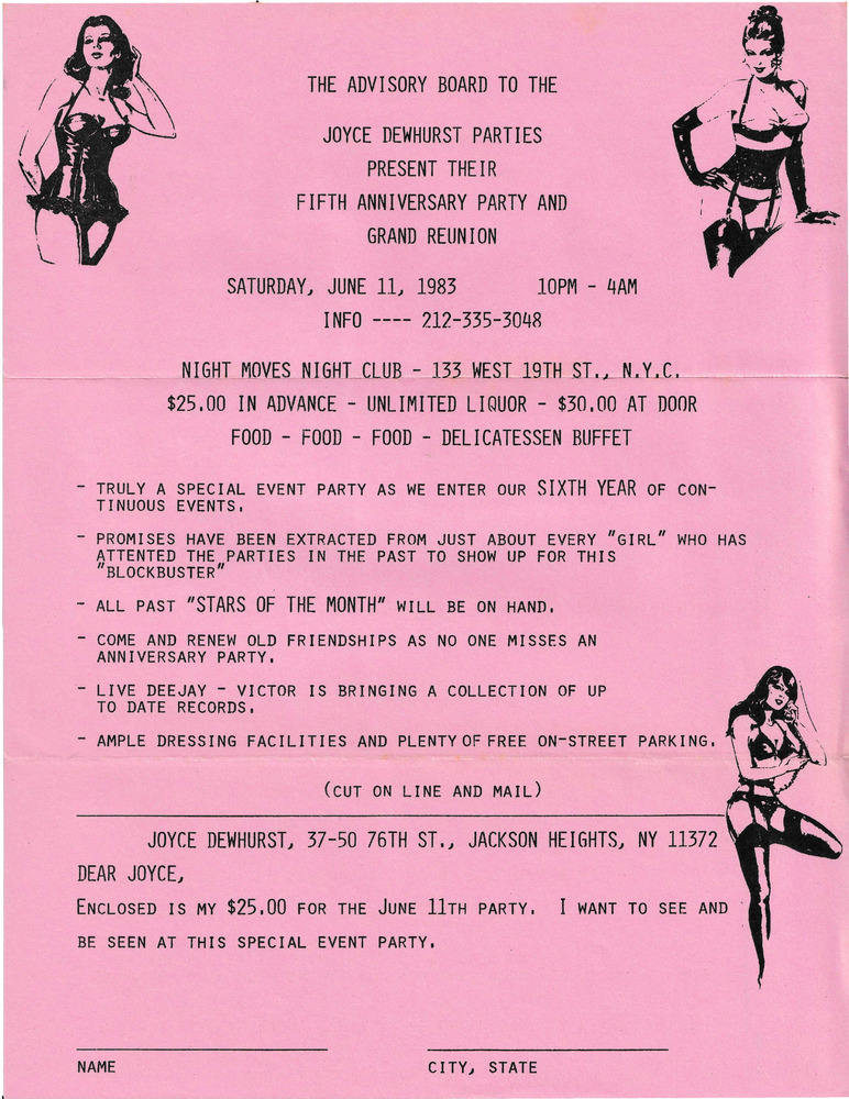 Download the full-sized PDF of Joyce Dewhurst Parties Fifth Anniversary Party and Grand Reunion Flyer