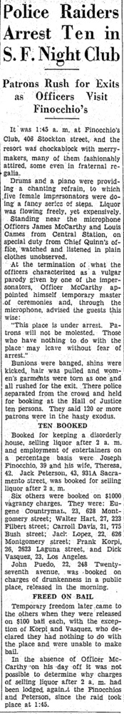 Download the full-sized image of Police Raiders Arrest Ten in S.F. Night Club: Patrons Rush for Exits as Officers Visit Finocchio's