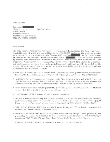 Download the full-sized image of Letter from Rupert Raj to Dr. Aimee (June 28, 1994)
