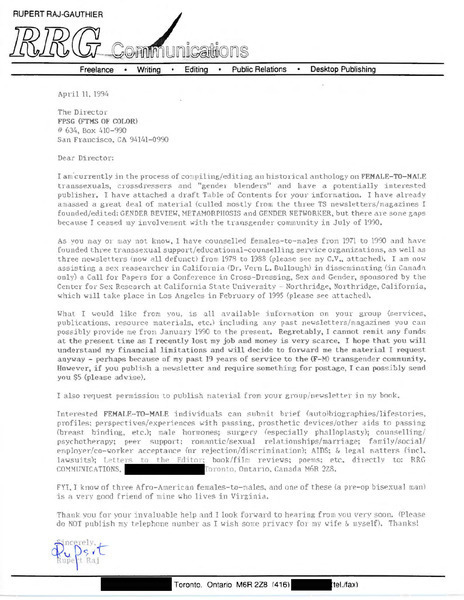 Download the full-sized image of Letter from Rupert Raj to the Director of FPSG (FtMs of Color) (April 11, 1994)