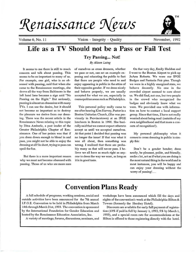 Download the full-sized PDF of Renaissance News, Vol. 6 No. 11 (November 1992)