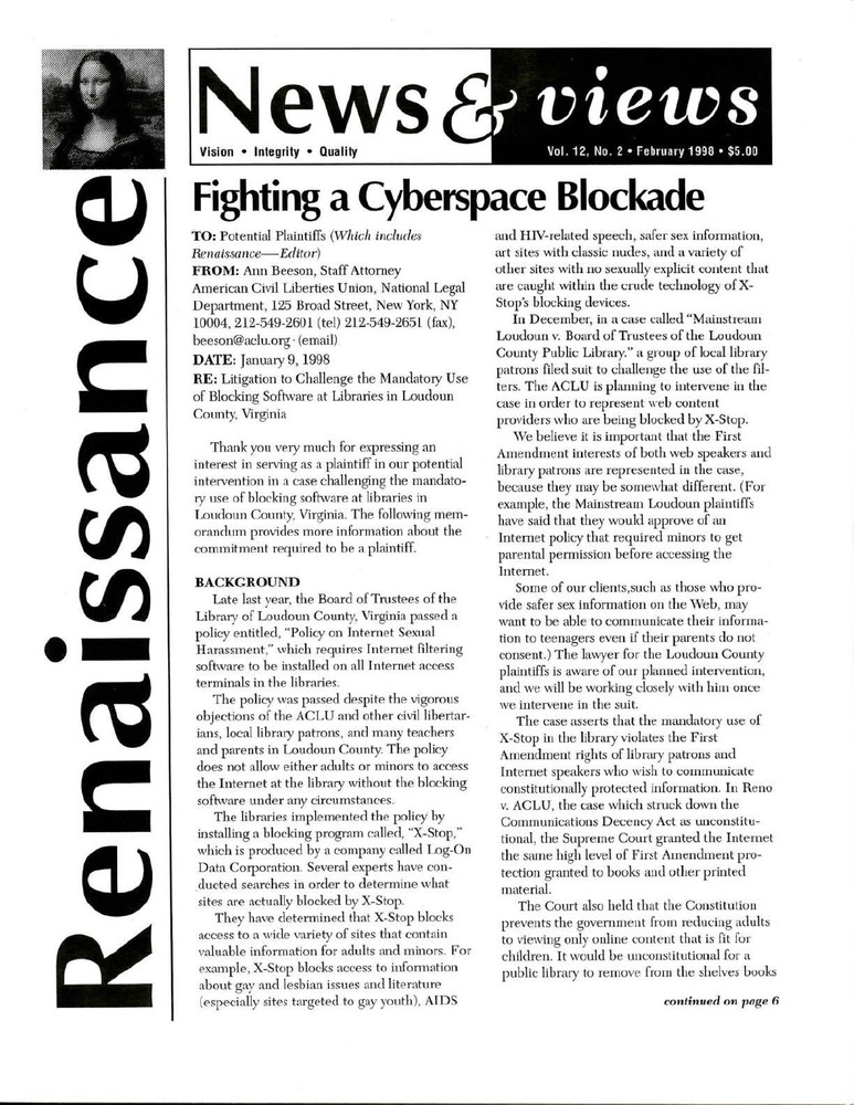 Download the full-sized PDF of Renaissance News & Views, Vol. 12 No. 2 (February 1998)