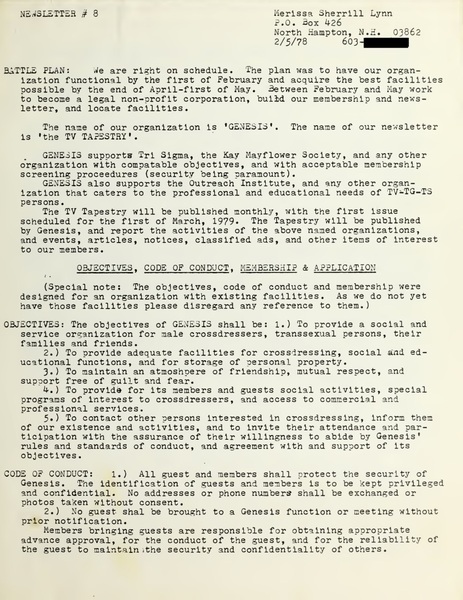 Download the full-sized image of The TV-TS Tapestry Newsletter #8 (February 5, 1979)