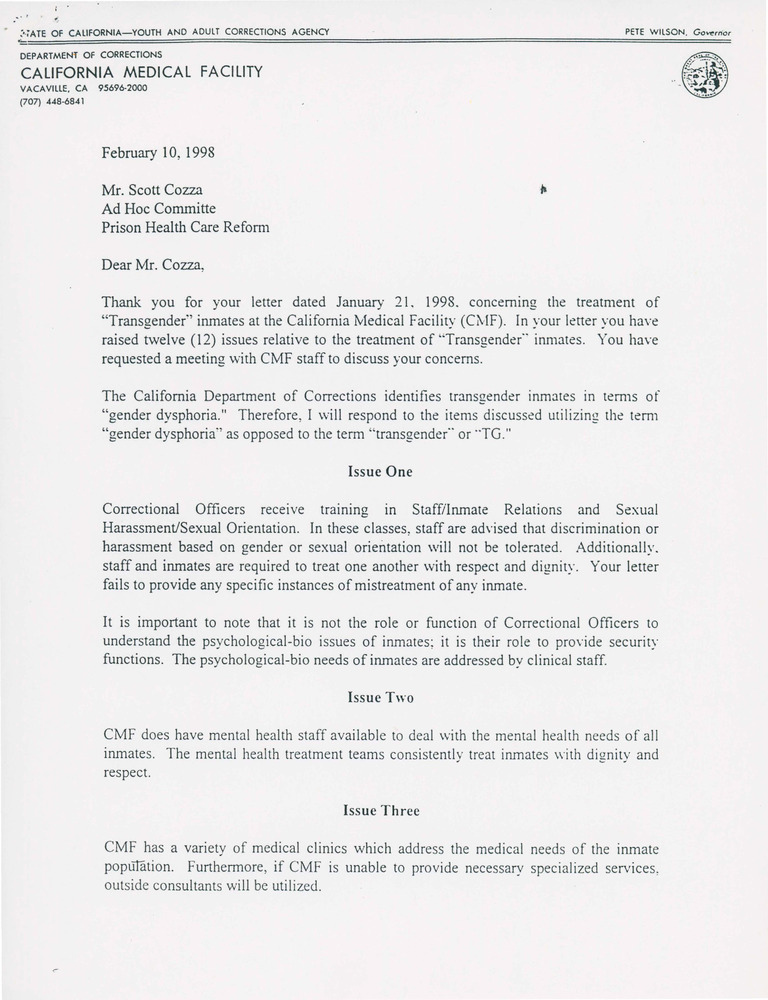 Download the full-sized PDF of Letter Response on Issues Impacting Transgender Inmates in California