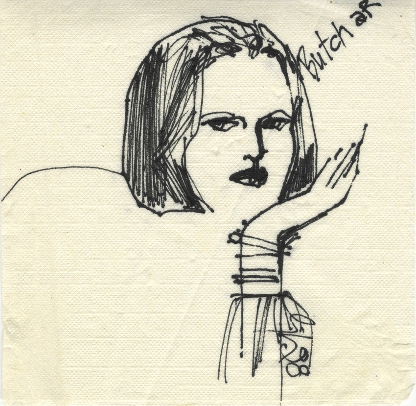 Download the full-sized image of Illustration on Napkin of a Butch Smoking Cigarette