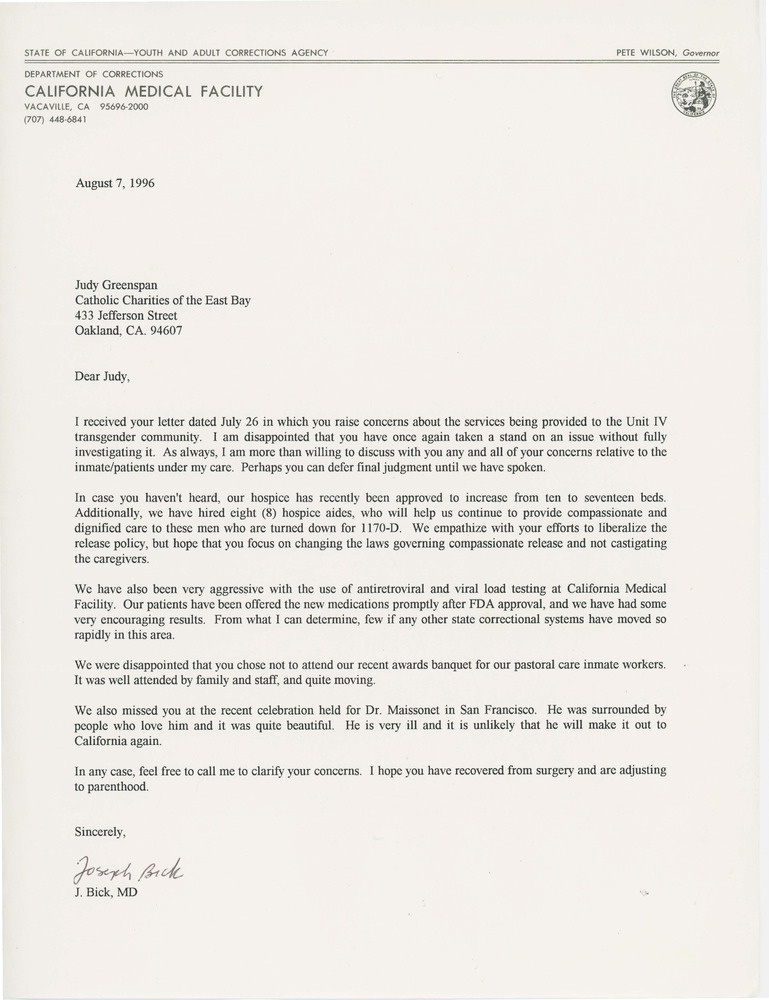 Download the full-sized PDF of Letter to Judy Greenspan on California Medical Facility