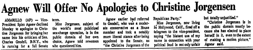 Download the full-sized image of Agnew Will Offer No Apologies to Christine Jorgensen