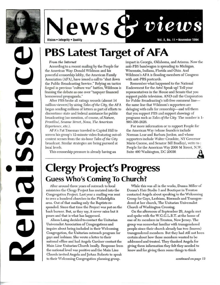 Download the full-sized PDF of Renaissance News & Views, Vol. 8 No. 11 (November 1994)
