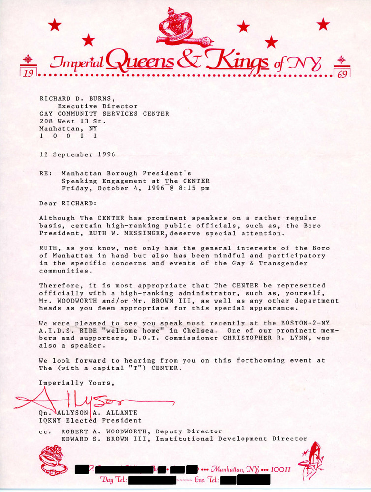 Download the full-sized PDF of Letter from Queen Allyson Allante to Richard D. Burns (September 1996)