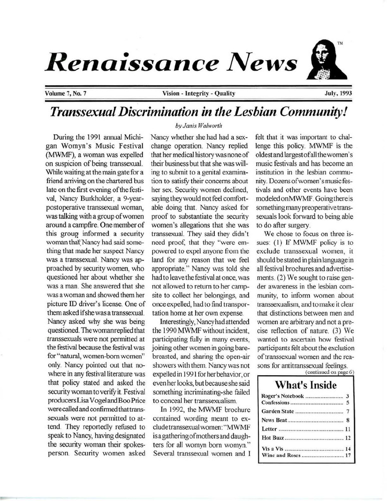 Download the full-sized PDF of Renaissance News, Vol. 7 No. 7 (July 1993)