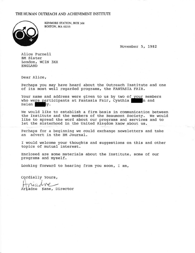 Download the full-sized PDF of Correspondence from The Human Outreach and Achievement Institute to Alice Purnell (November 5, 1982)