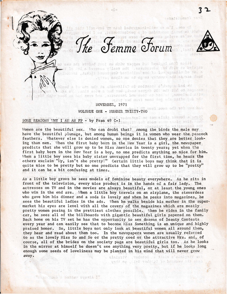 Download the full-sized PDF of The Femme Forum, Vol. 1 No. 32 (November, 1971)