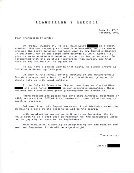 Download the full-sized image of Announcement from Connie of Transition Support (August 1, 1987)