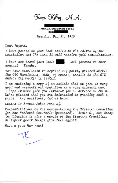 Download the full-sized image of Letter from Tomye Kelley to Rupert Raj (December 31, 1985)