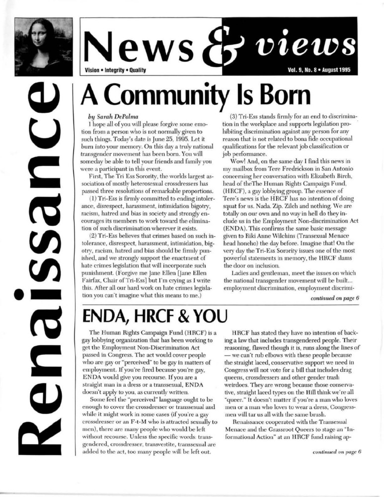 Download the full-sized PDF of Renaissance News & Views, Vol. 9 No. 8 (August 1995)