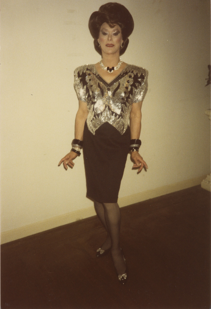 Download the full-sized image of Photograph of Alexis Francois in Silver Top, Black Skirt, and Brunette Wig