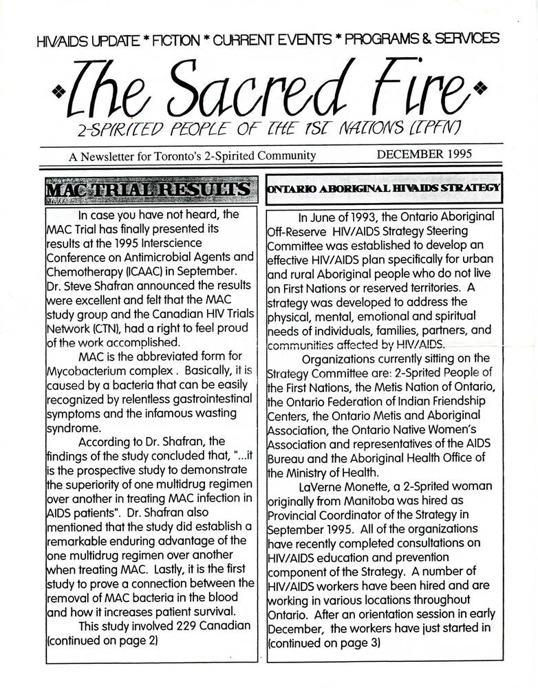 Download the full-sized image of 2-Spirited People of the 1st Nations Newsletter, The Sacred Fire, December 1995