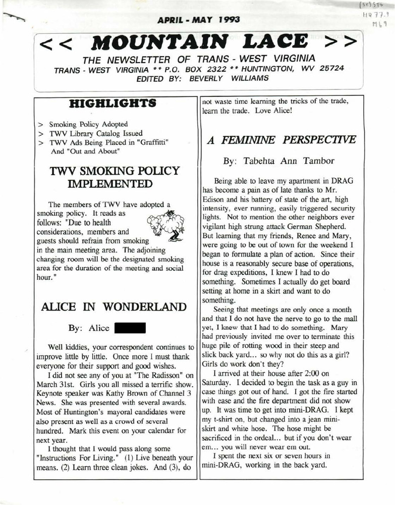 Download the full-sized PDF of Mountain Lace: The Newsletter of Trans - West Virginia (April-May, 1993)