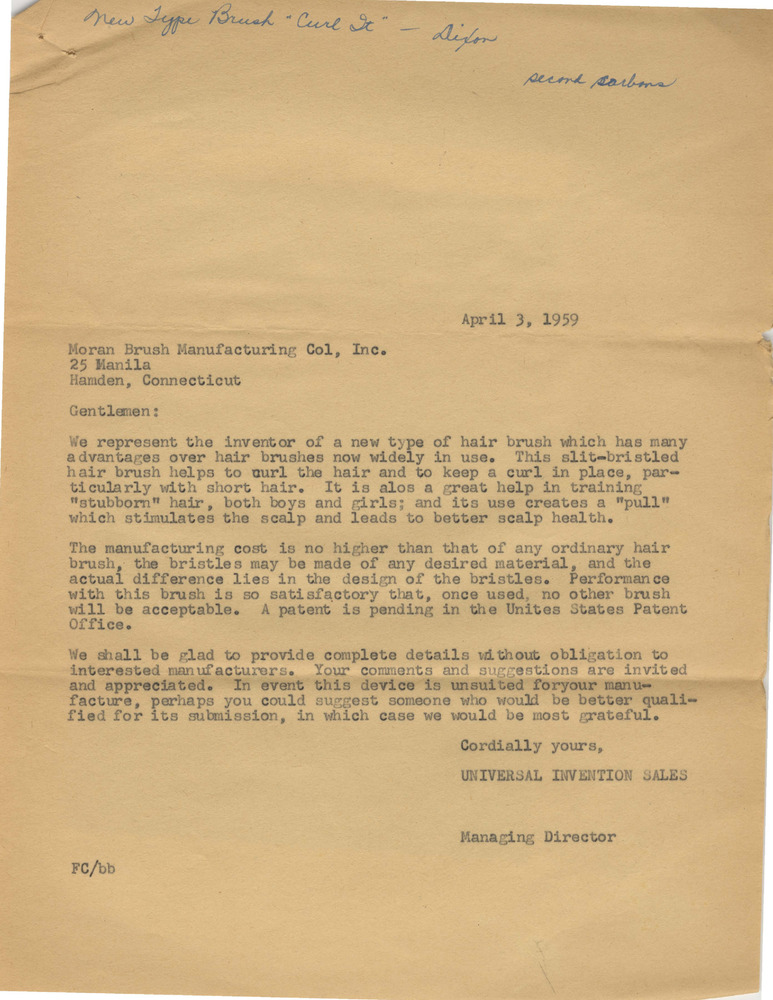Download the full-sized PDF of Correspondence Requesting Manufacture of Patented Hairbrush