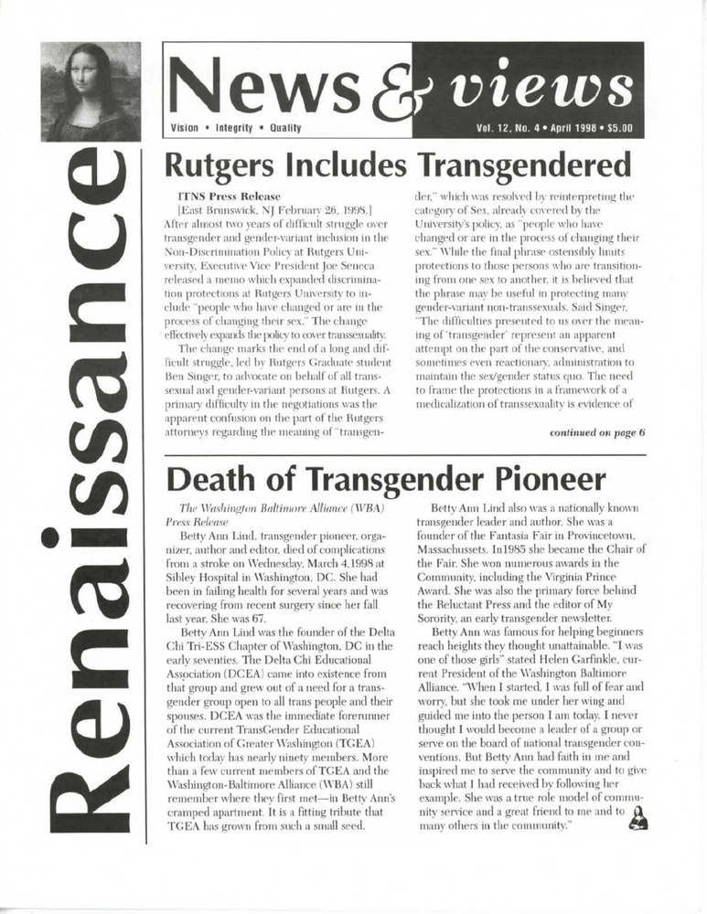 Download the full-sized PDF of Renaissance News & Views, Vol. 12 No. 4 (April 1998)