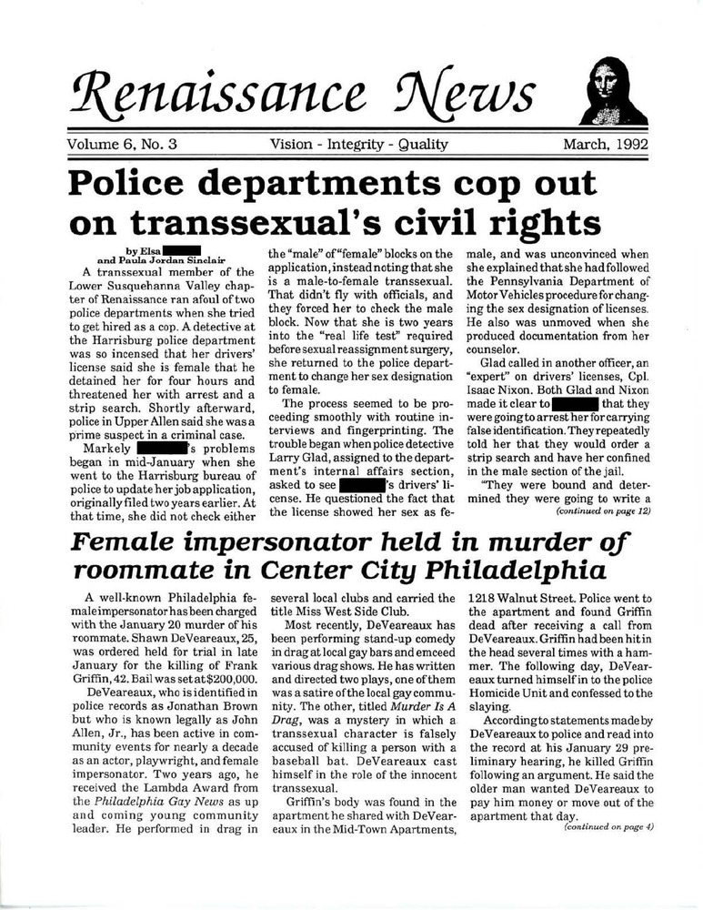 Download the full-sized PDF of Renaissance News, Vol. 6 No. 3 (March 1992)