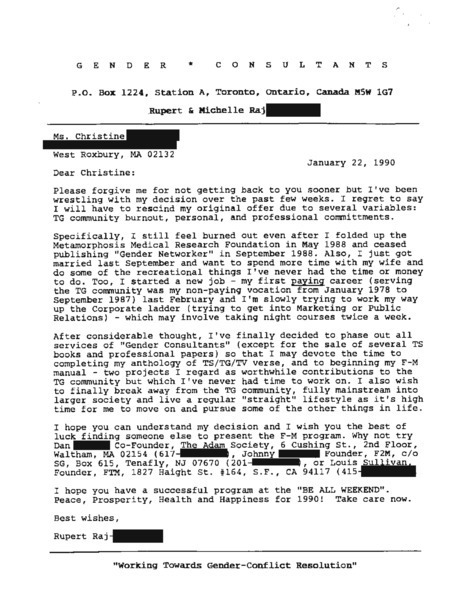 Download the full-sized image of Letter from Rupert Raj to Christine (January 22, 1990)