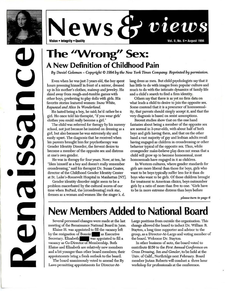 Download the full-sized PDF of Renaissance News & Views, Vol. 8 No. 8 (August 1994)