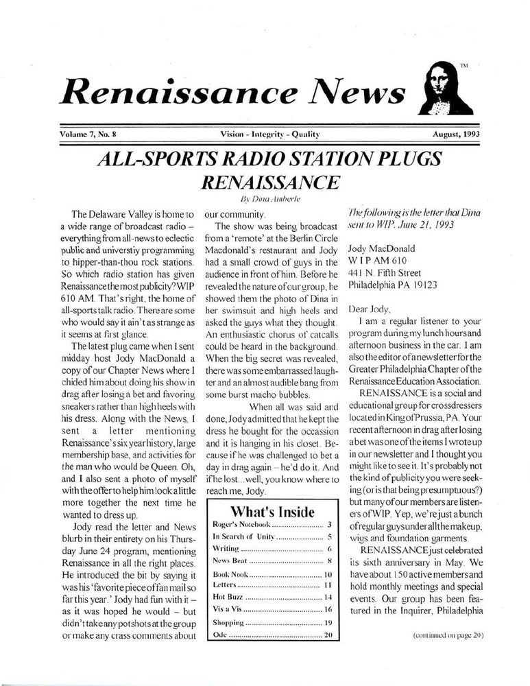 Download the full-sized PDF of Renaissance News, Vol 7. No. 8 (August 1993)