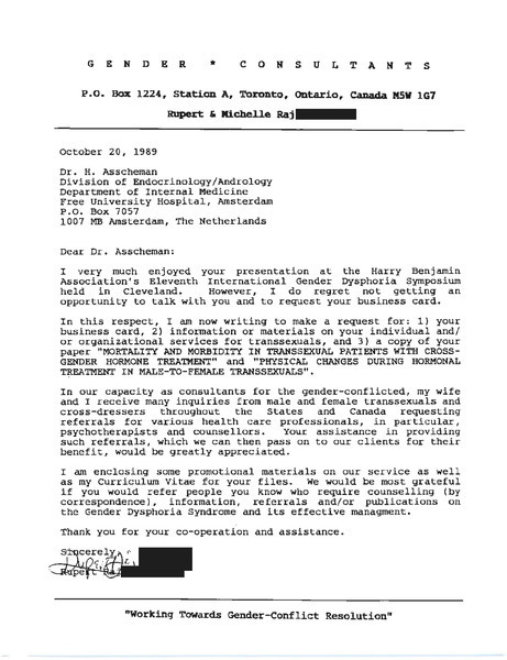 Download the full-sized image of Letter from Rupert Raj to Dr. H Asscheman (October 20, 1989)