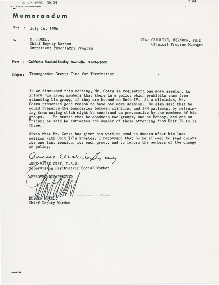 Download the full-sized PDF of Subject: Transgender Group: Time for Termination
