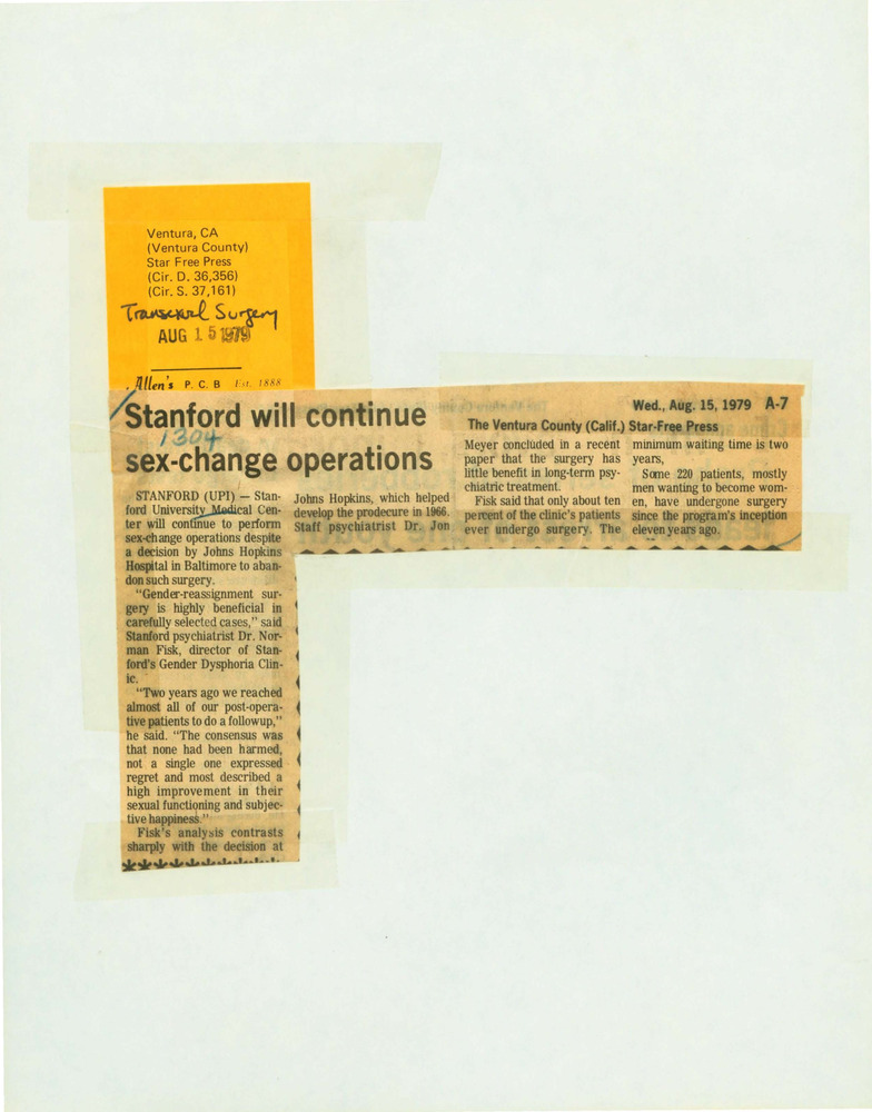 Download the full-sized PDF of Stanford Will Continue Sex-Change Operations