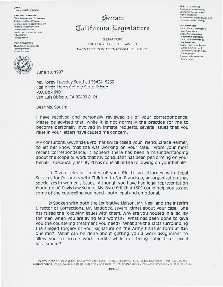 Download the full-sized PDF of Letter from California Senator to Torey Tuesday South