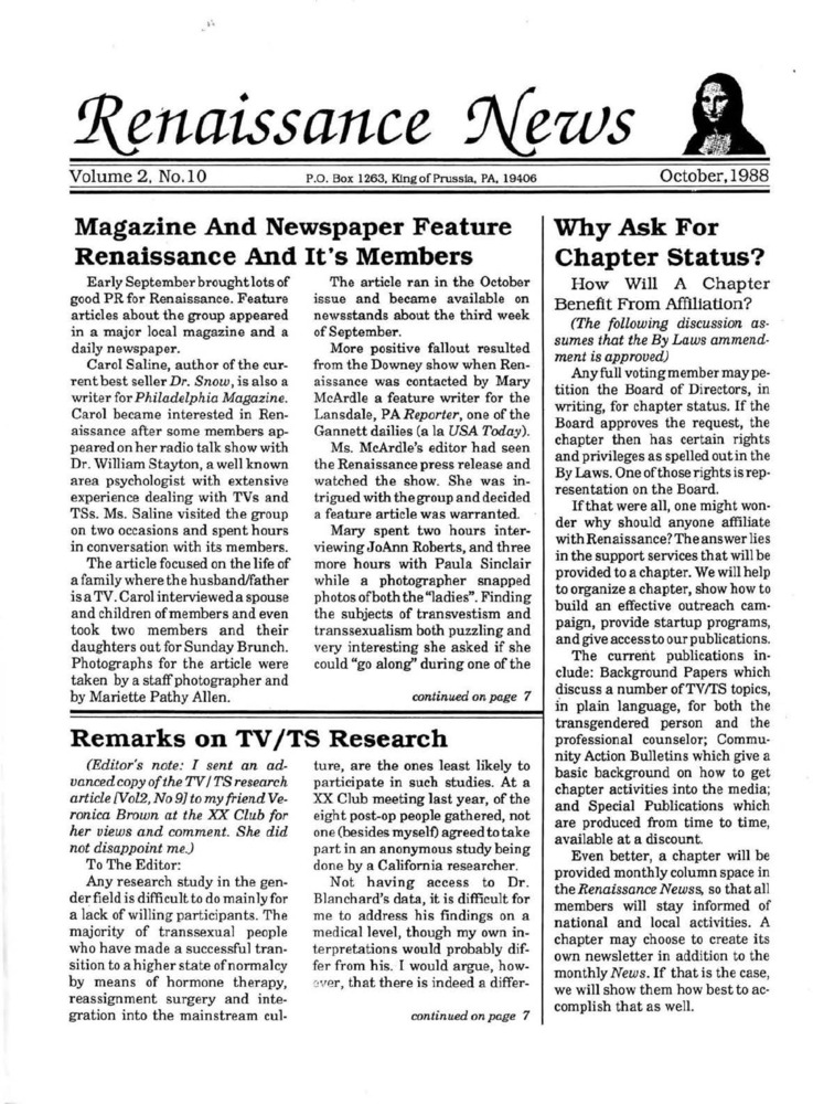 Download the full-sized PDF of Renaissance News, Vol. 2 No. 10 (October 1988)
