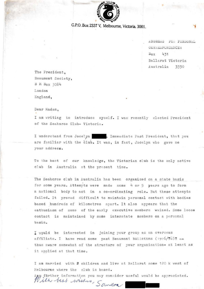 Download the full-sized PDF of Correspondence from Alice Purnell to The Seahorse Club (1983)