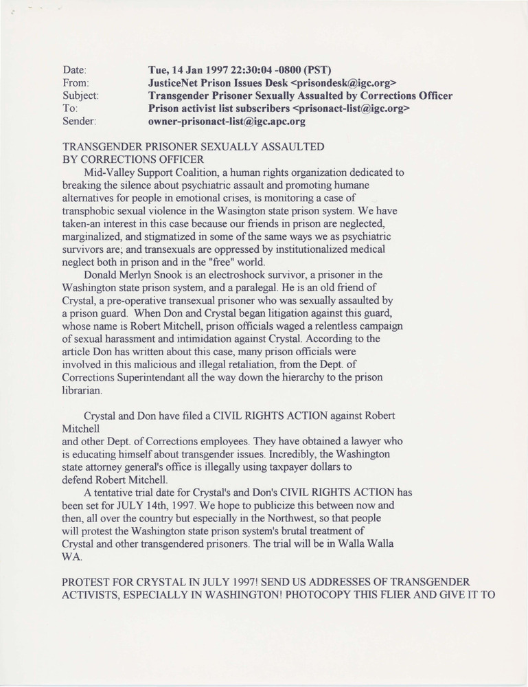 Download the full-sized PDF of Subject: Transgender Prisoner Sexually Assaulted by Corrections Officer