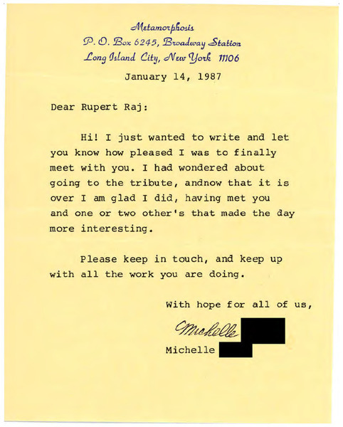 Download the full-sized image of Letter from Michelle to Rupert Raj (January 14, 1987)