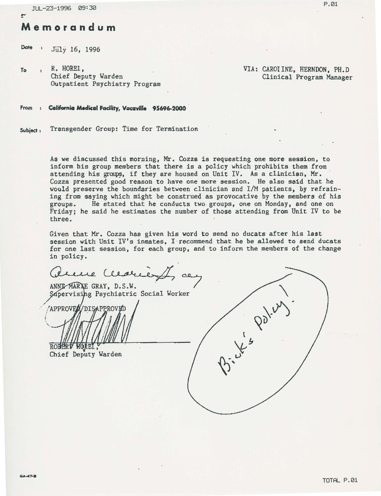 Download the full-sized PDF of Subject: Transgender Group: Time for Termination, with Annotation