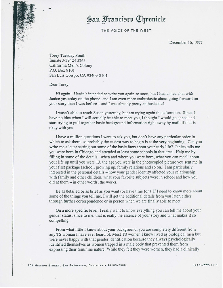 Download the full-sized PDF of Letter from Bill Wallace Querying Torey Tuesday South