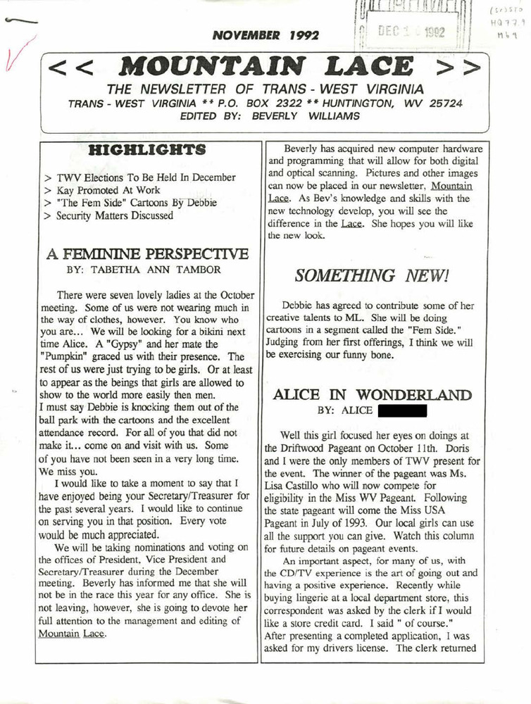 Download the full-sized PDF of Mountain Lace: The Newsletter of Trans - West Virginia (November, 1992)