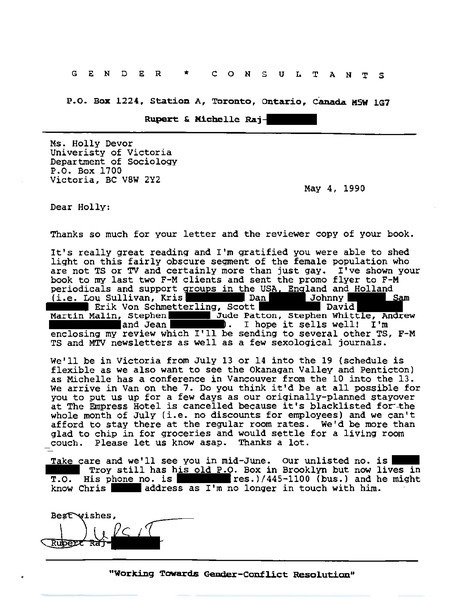 Download the full-sized image of Letter from Rupert Raj to Holly Devor (May 4, 1990)