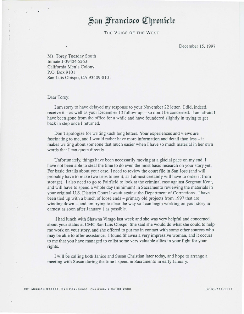 Download the full-sized PDF of Letter from Bill Wallace on Writing Torey Tuesday South's Story