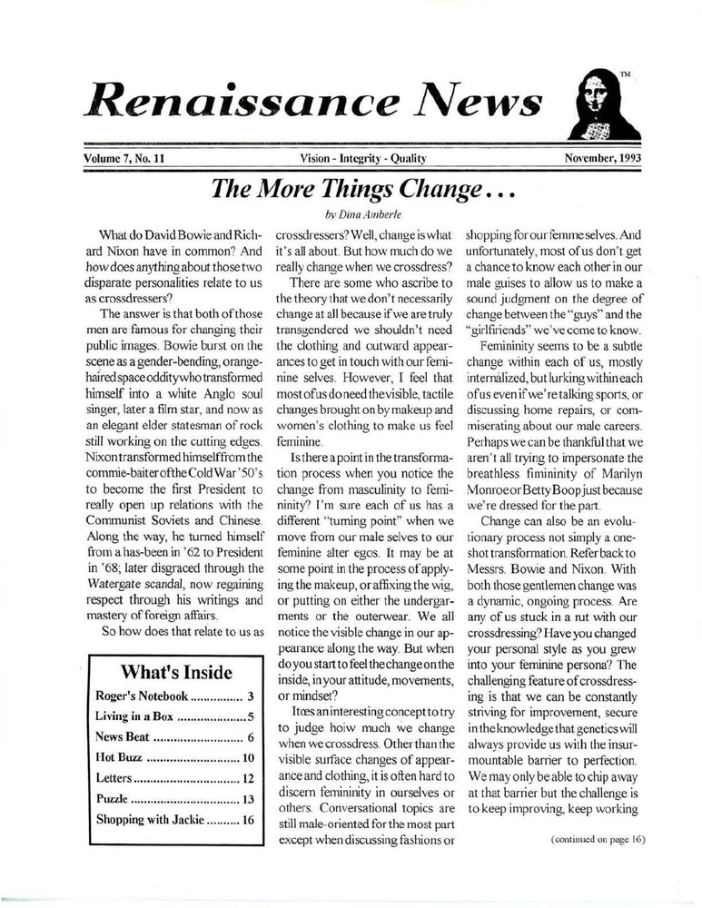 Download the full-sized PDF of Renaissance News, Vol. 7 No. 11 (November 1993)