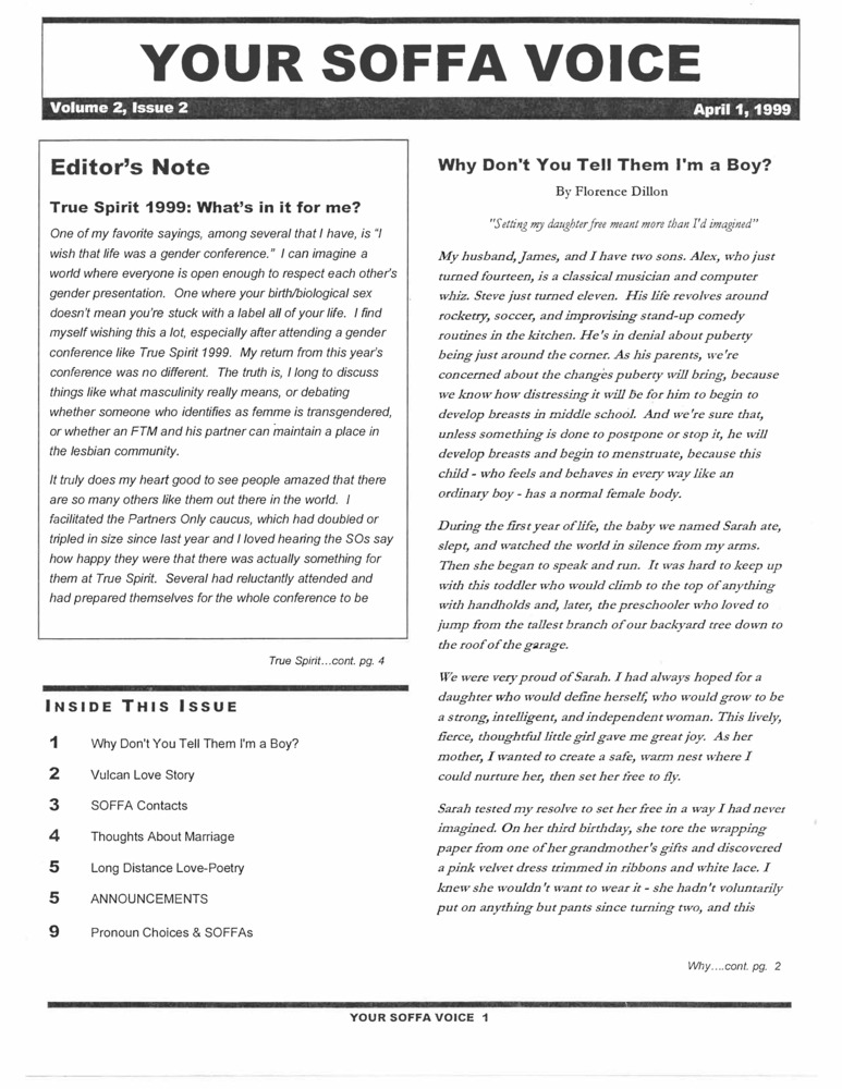 Download the full-sized PDF of Your SOFFA Voice Vol. 2, Issue 2 (April, 1999)
