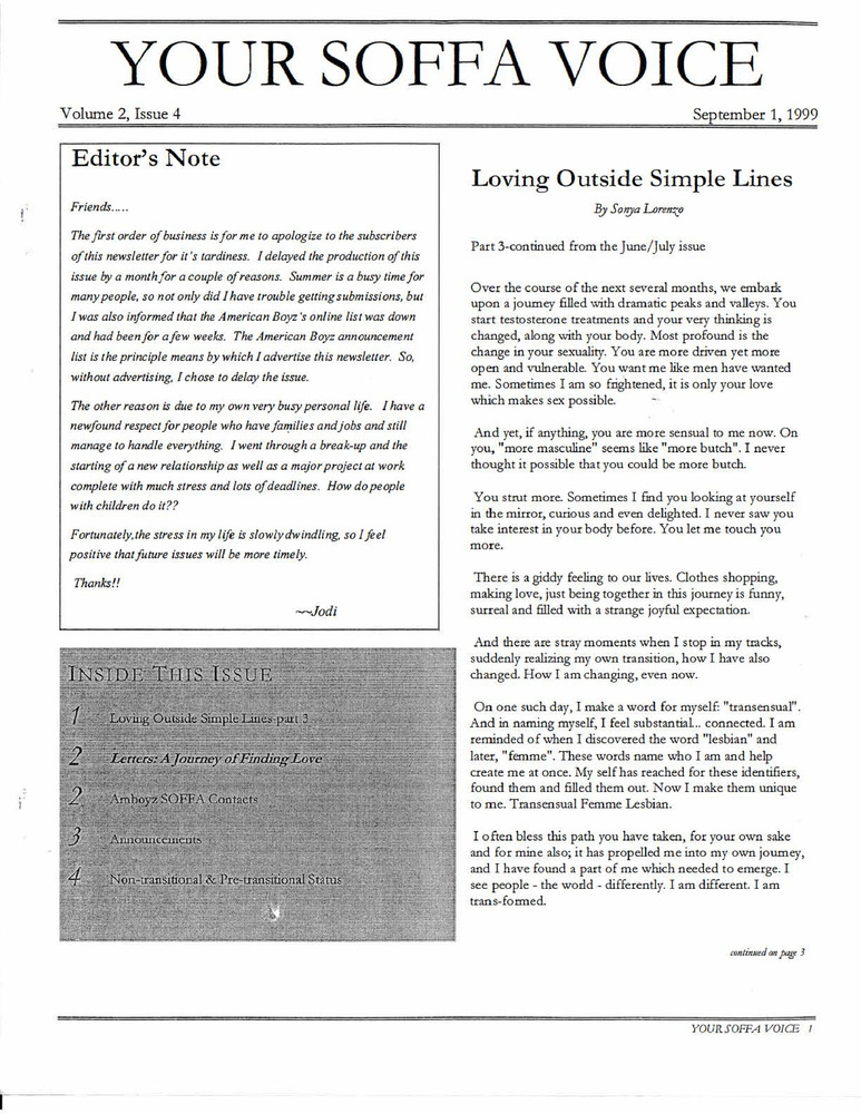 Download the full-sized PDF of Your SOFFA Voice Vol. 2, Issue 4 (September, 1999)