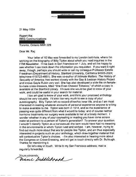 Download the full-sized image of Letter from Diane Middlebrook to Rupert Raj (May 21, 1994)