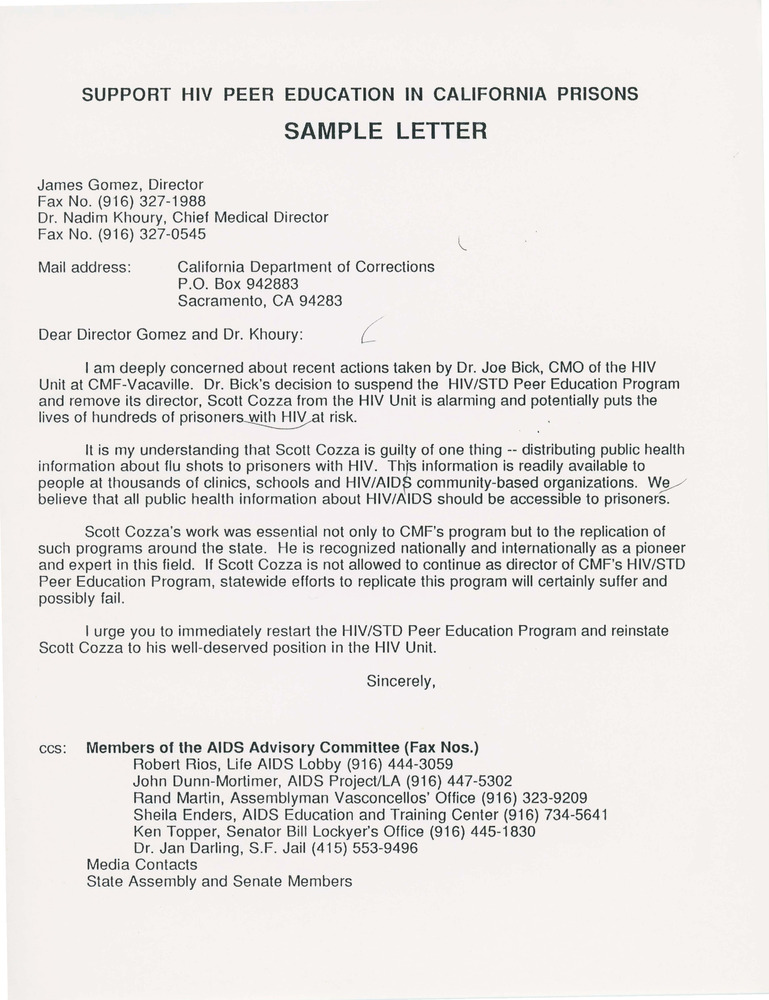 Download the full-sized PDF of Support HIV Peer Education in California Prisons Sample Letter