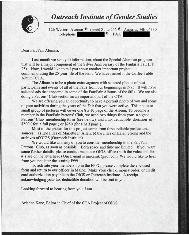 Download the full-sized PDF of Letter to Alumna and Membership Form (1999)